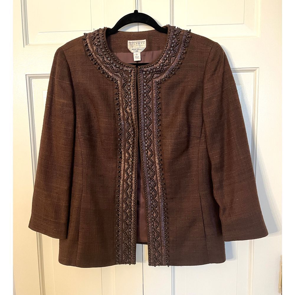Talbots Collection Handwoven 100% Silk Beaded Jacket in Chocolate Brown Sz 12